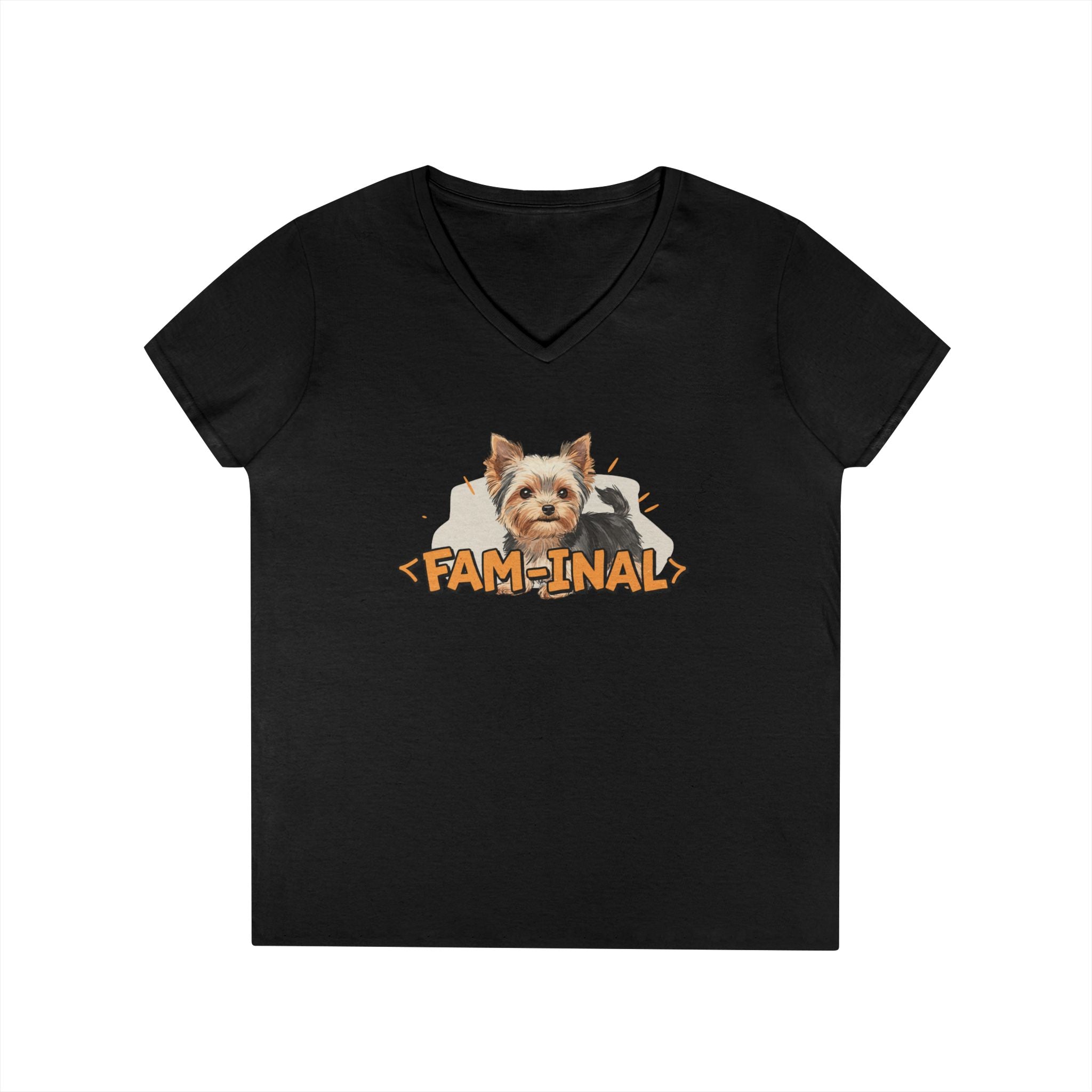 Black Yorkie V neck t shirt for women with a cute Yorkshire Terrier and fam-inal text design