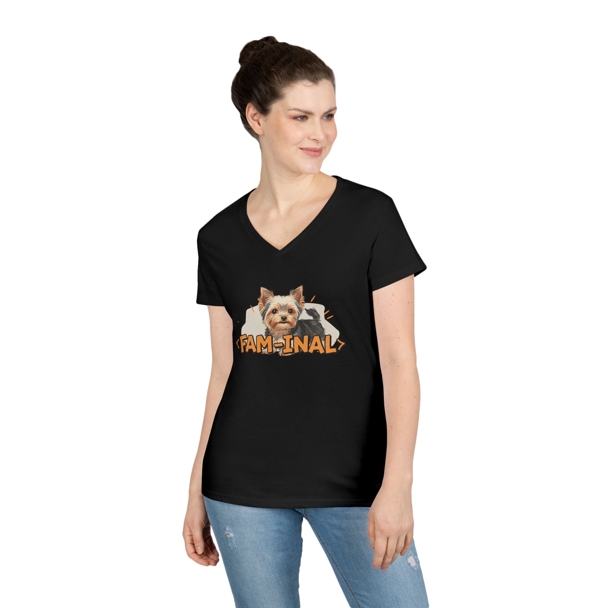 Yorkie V neck t shirt for women in black with cute Yorkie dog and fam-inall text design