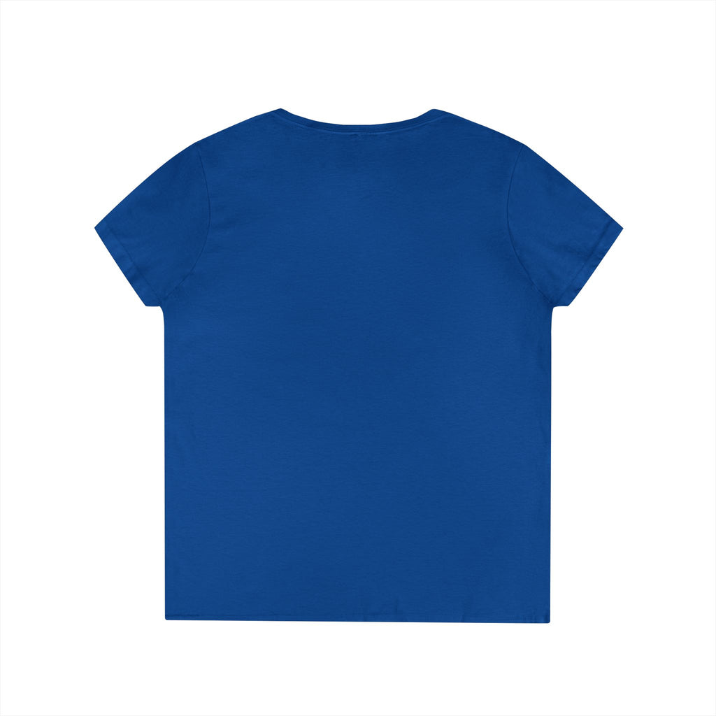 Blue Yorkie V neck t shirt for women with short sleeves and a simple back design
