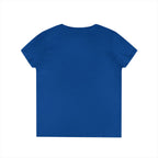 Blue Yorkie V neck t shirt for women with short sleeves and a simple back design
