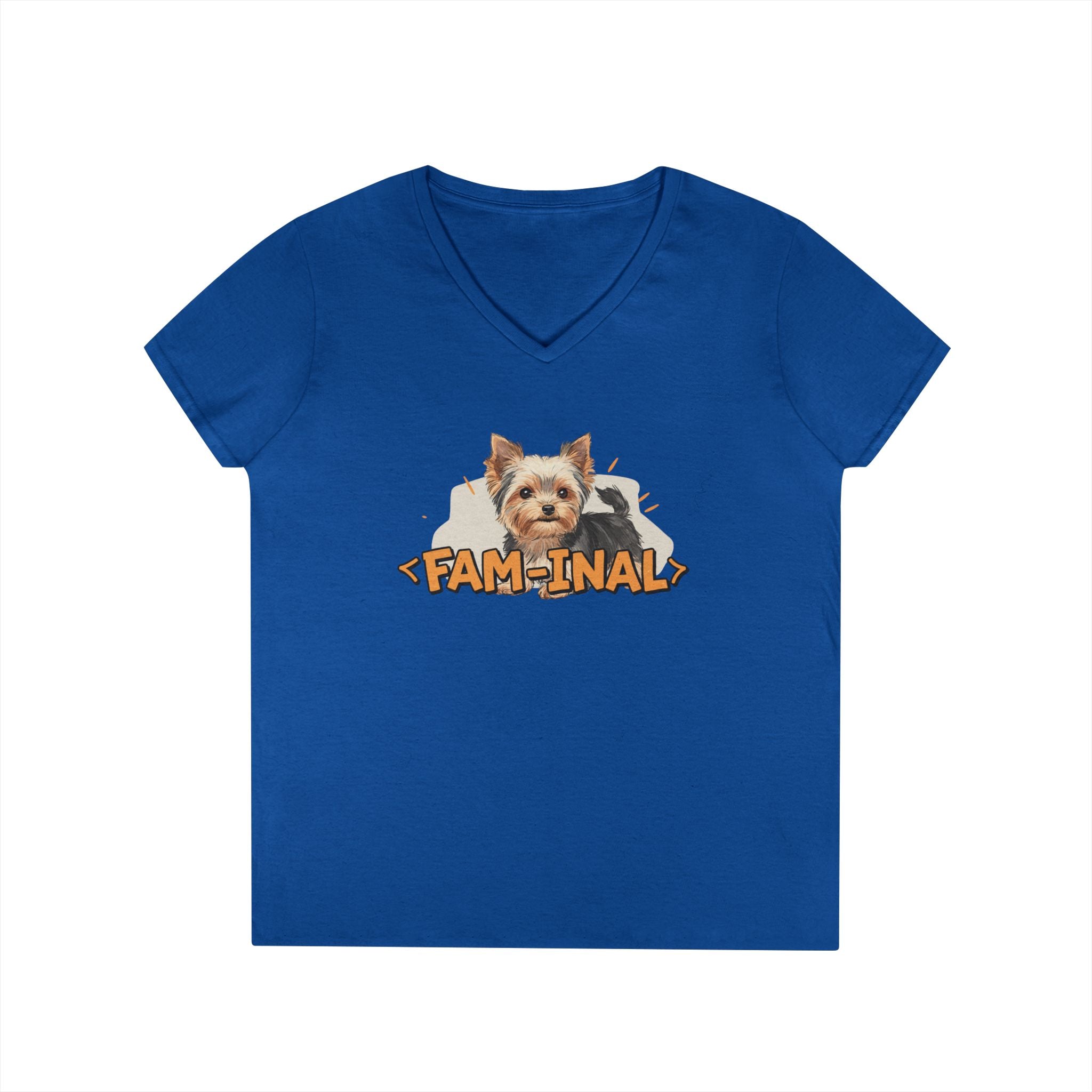 Blue Yorkie V neck t shirt for women with cute Yorkshire Terrier and fam-inal text design