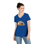 LuckeLadybug Yorkie V neck t shirt for women in blue with cute dog graphic and fam-inal text