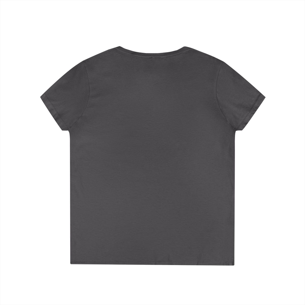 Back view of LuckeLadybug Yorkie V neck t shirt for women in charcoal gray color