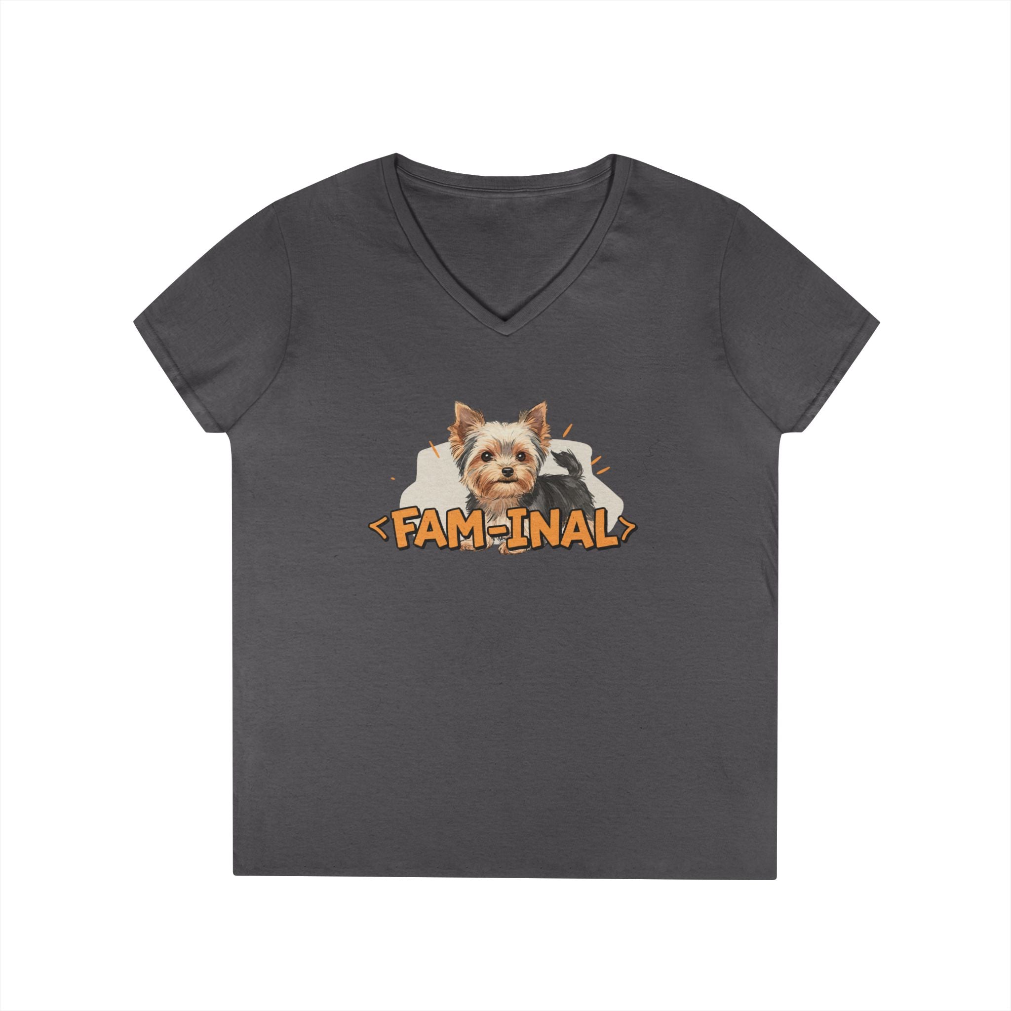 Yorkie V neck t shirt for women in dark gray with cute Yorkie dog and Fam-inal text design