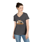 Yorkie V neck t shirt for women in dark gray featuring a cute Yorkie dog and Fam-Inal text