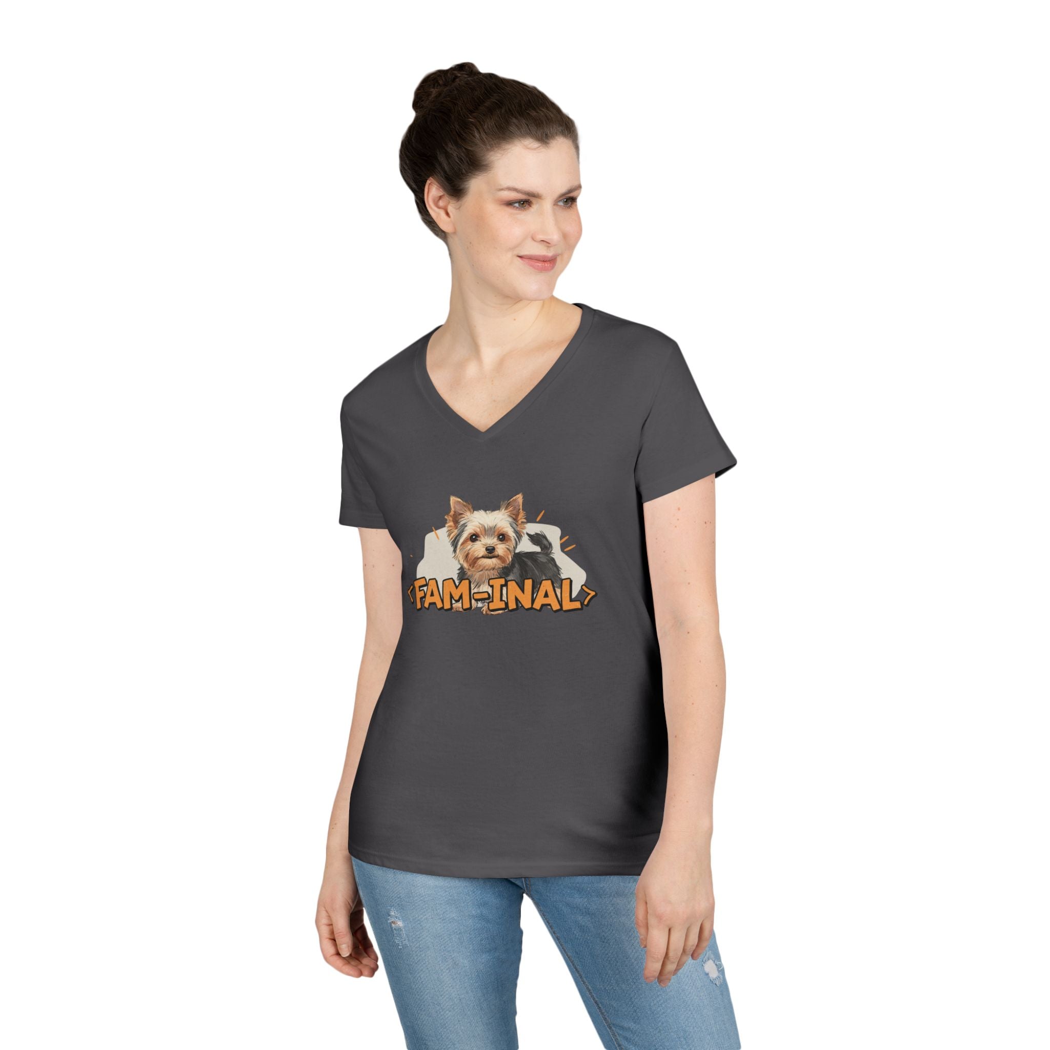 Yorkie V neck t shirt for women in dark gray featuring a cute Yorkie dog and Fam-Inal text