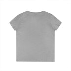 Back view of gray Yorkie V neck t shirt for women by LuckeLadybug with short sleeves