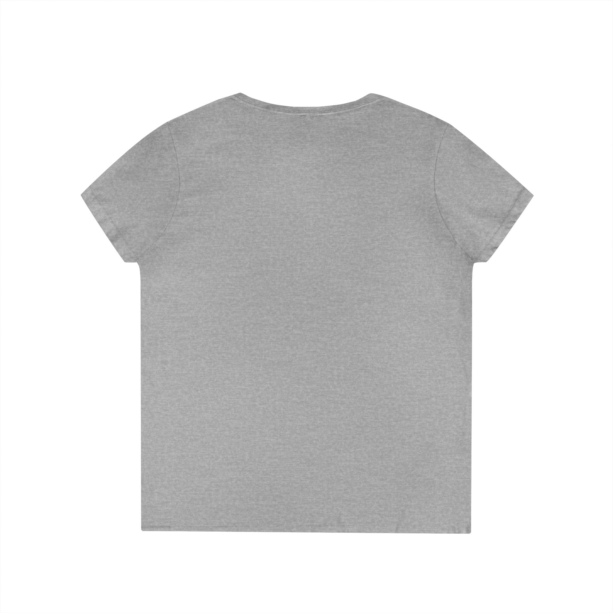 Back view of gray Yorkie V neck t shirt for women by LuckeLadybug with short sleeves