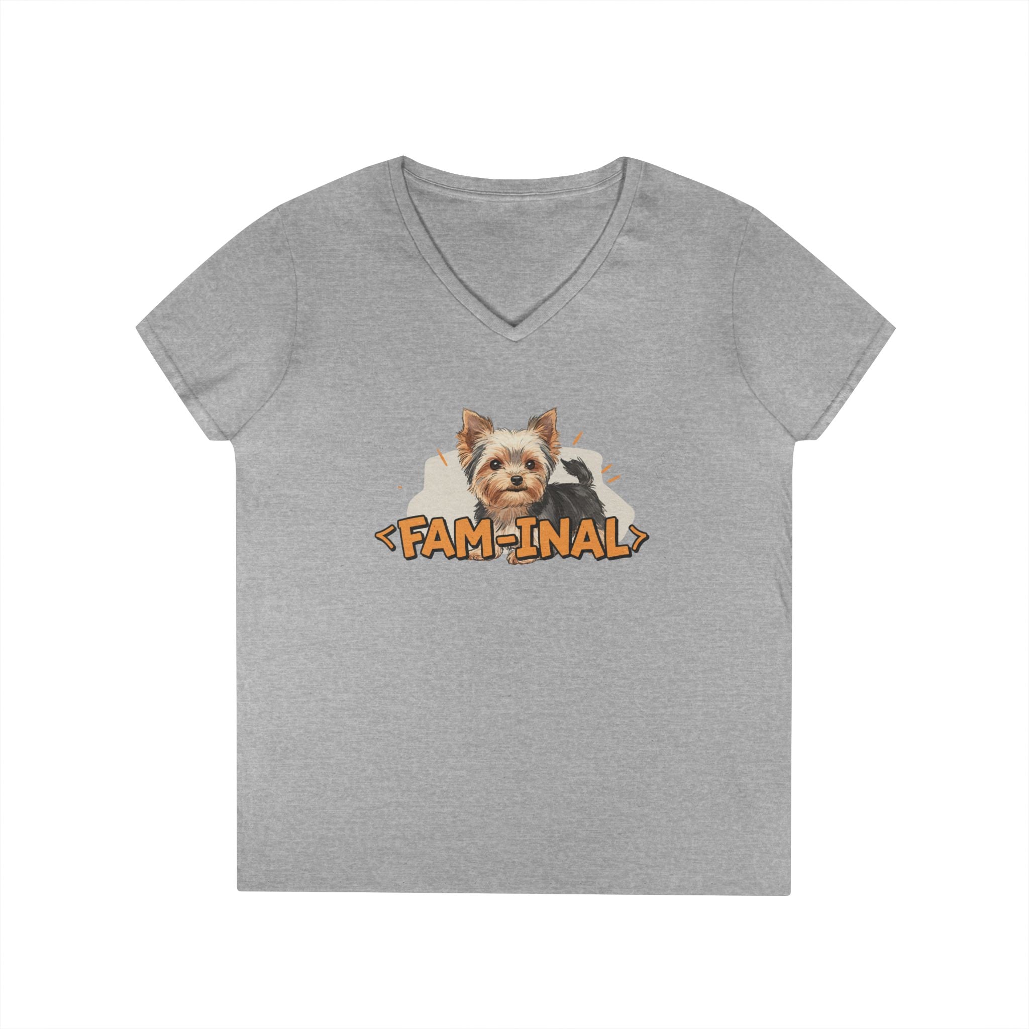 LuckeLadybug Yorkie V neck t shirt for women in gray with cute Yorkie and family graphic