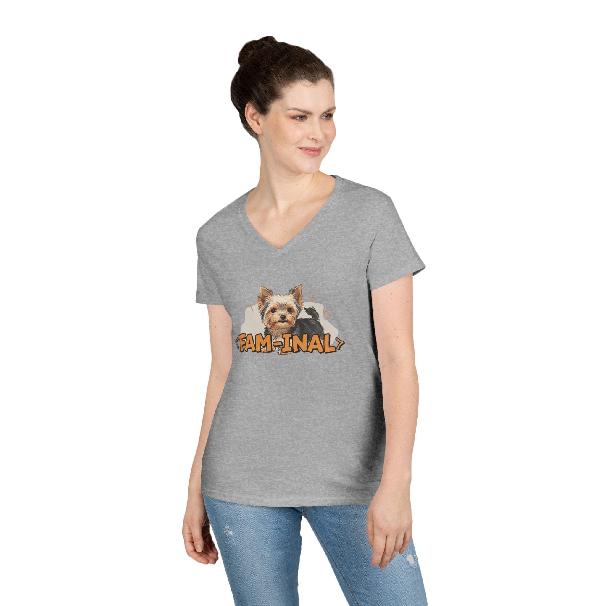 Yorkie V neck t shirt for women by LuckeLadybug featuring a cute Yorkshire Terrier and fam-inal text