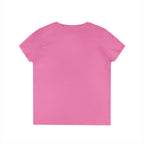 Back view of LuckeLadybug pink Yorkie V neck t shirt for women with short sleeves