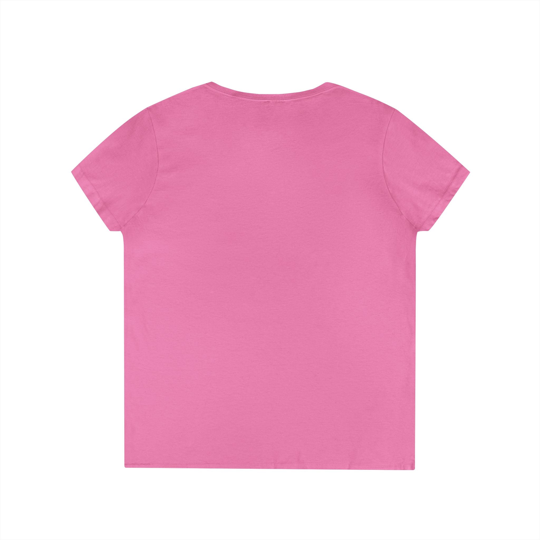 Back view of LuckeLadybug pink Yorkie V neck t shirt for women with short sleeves