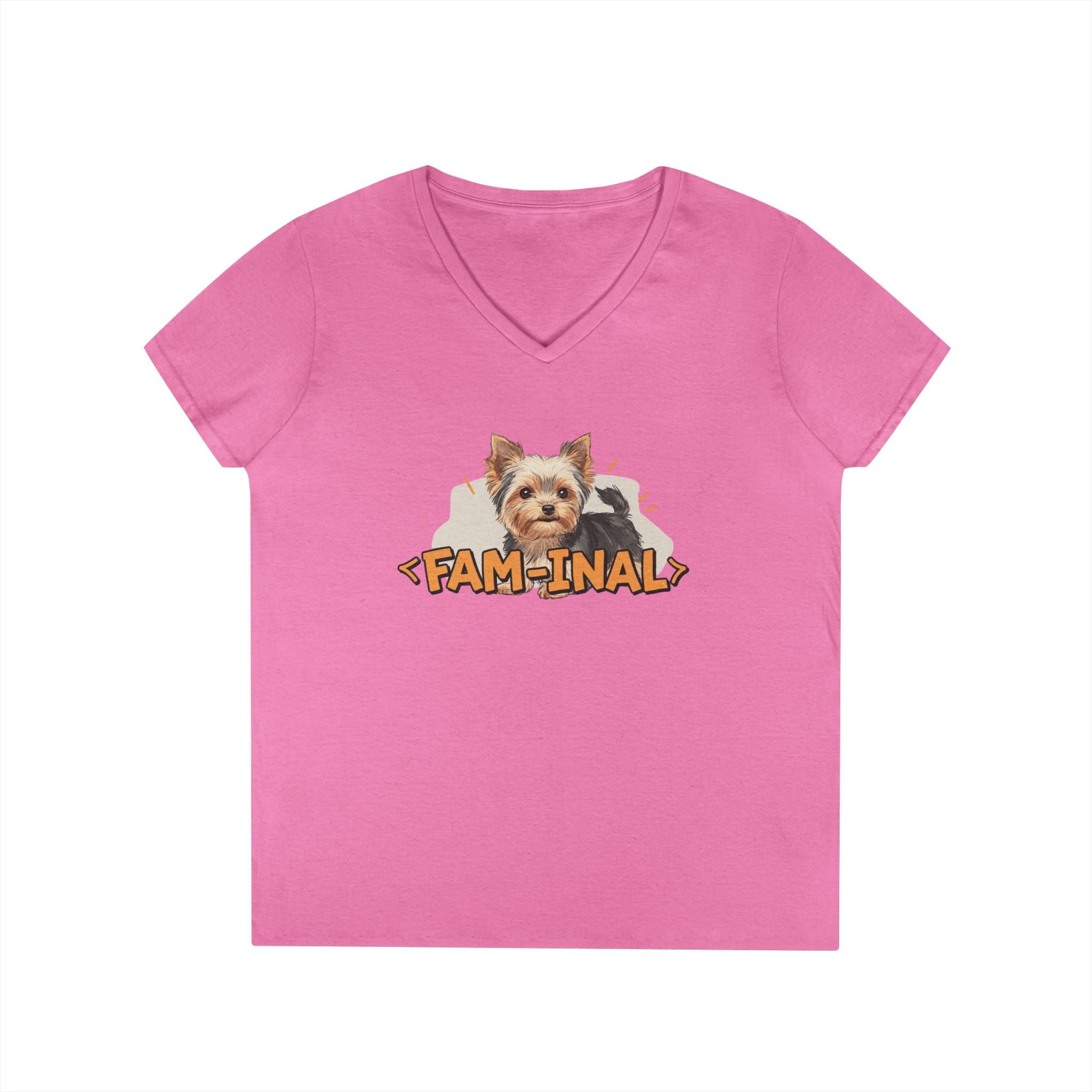 Pink Yorkie V neck t shirt for women with cute Yorkshire Terrier and Fam-inal text design