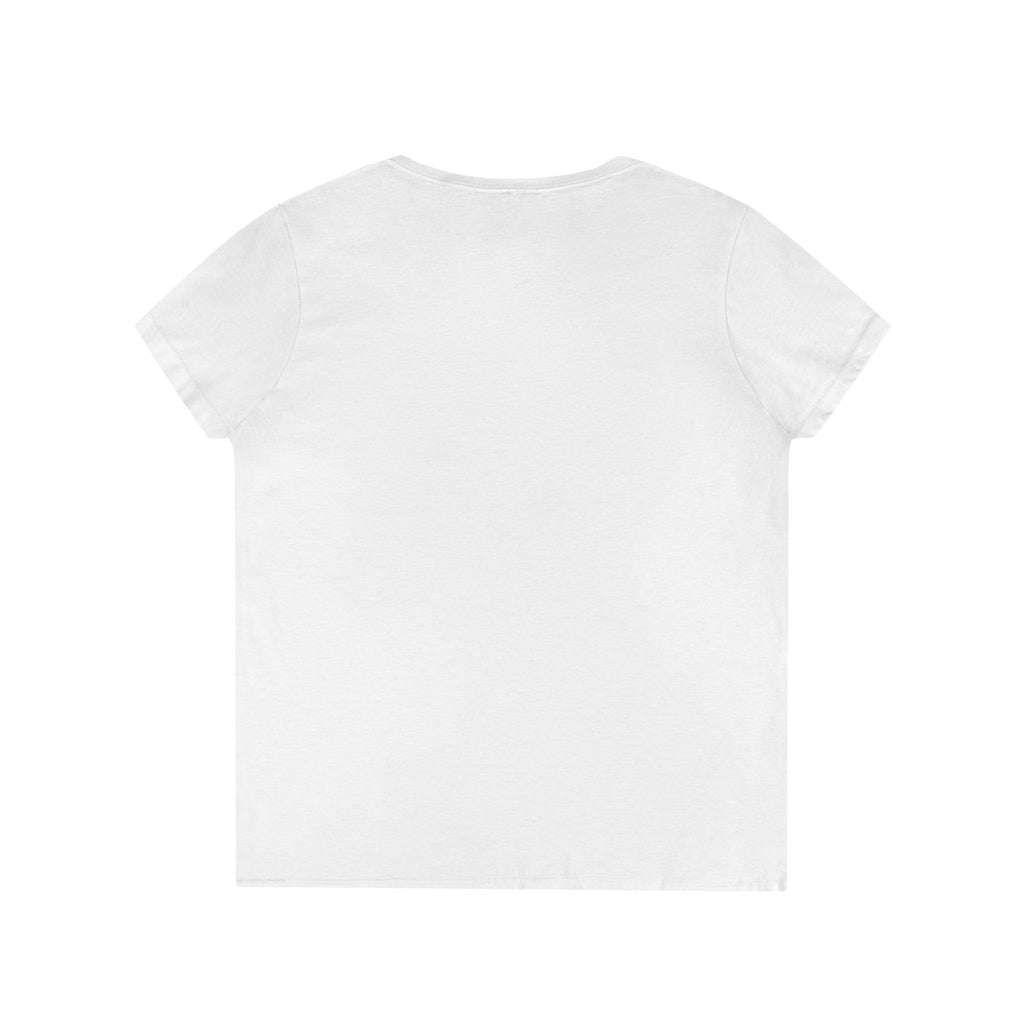 White plain Yorkie V neck t shirt for women laid flat showing back view by LuckeLadybug