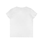 White plain Yorkie V neck t shirt for women laid flat showing back view by LuckeLadybug