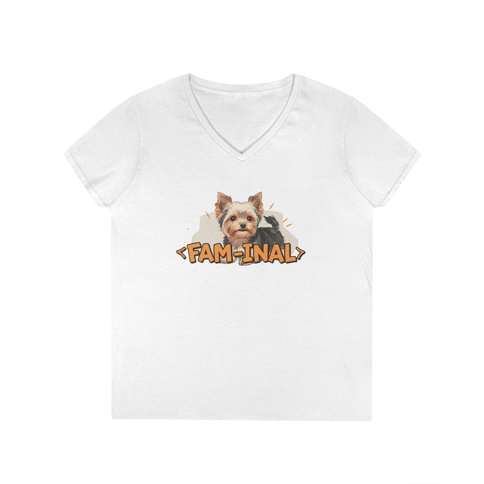 Yorkie V neck t shirt for women in white with cute Yorkshire Terrier and FAM-INAL text design