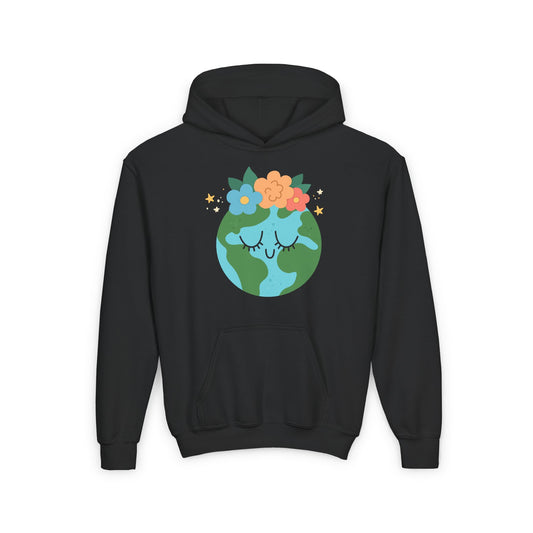 Black youth earth flower hoodie with a cute earth graphic wearing flowers on the front for kids