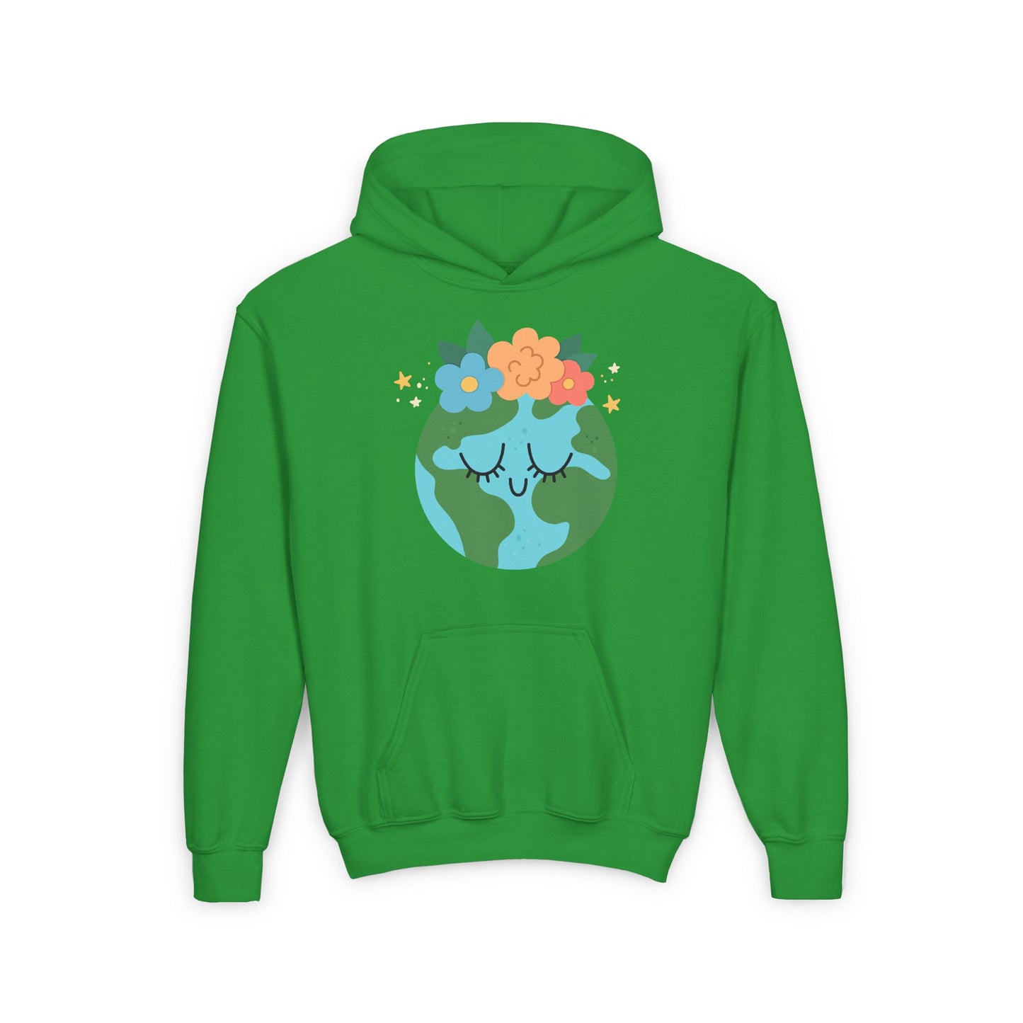 Green youth earth flower hoodie with earth graphic and colorful flowers on front for kids