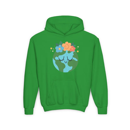 Green youth earth flower hoodie with earth graphic and colorful flowers on front for kids