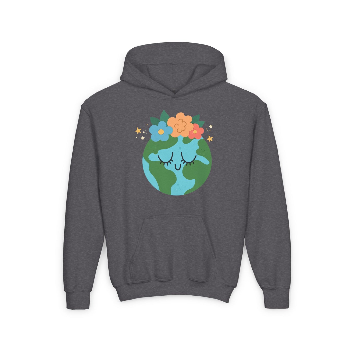Youth earth flower hoodie in dark gray with cute earth graphic wearing flowers for kids