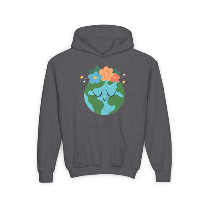 Youth earth flower hoodie in dark gray with cute earth graphic wearing flowers for kids
