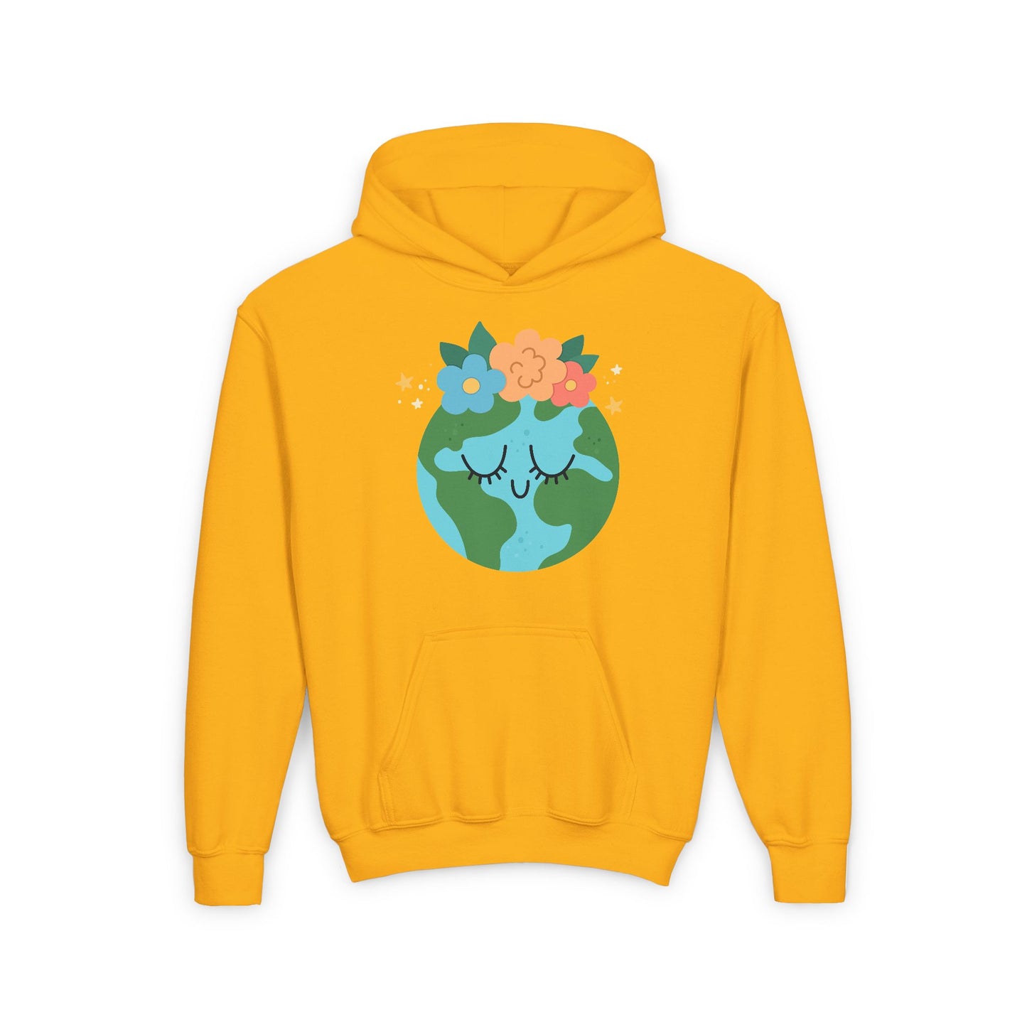 Youth earth flower hoodie in bright yellow with a cute Earth and floral design on front for kids