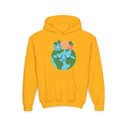 Youth earth flower hoodie in bright yellow with a cute Earth and floral design on front for kids