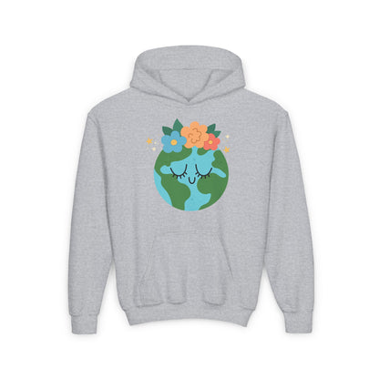 Youth earth flower hoodie in gray with a cute Earth graphic wearing flowers on the hooded sweatshirt
