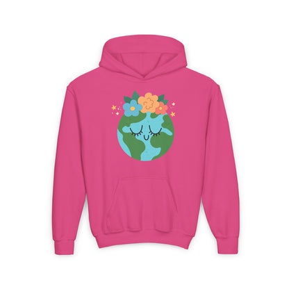 Pink youth earth flower hoodie for kids with earth graphic and floral crown design
