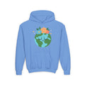 Light blue youth earth flower hoodie with a cute smiling earth and colorful flowers graphic