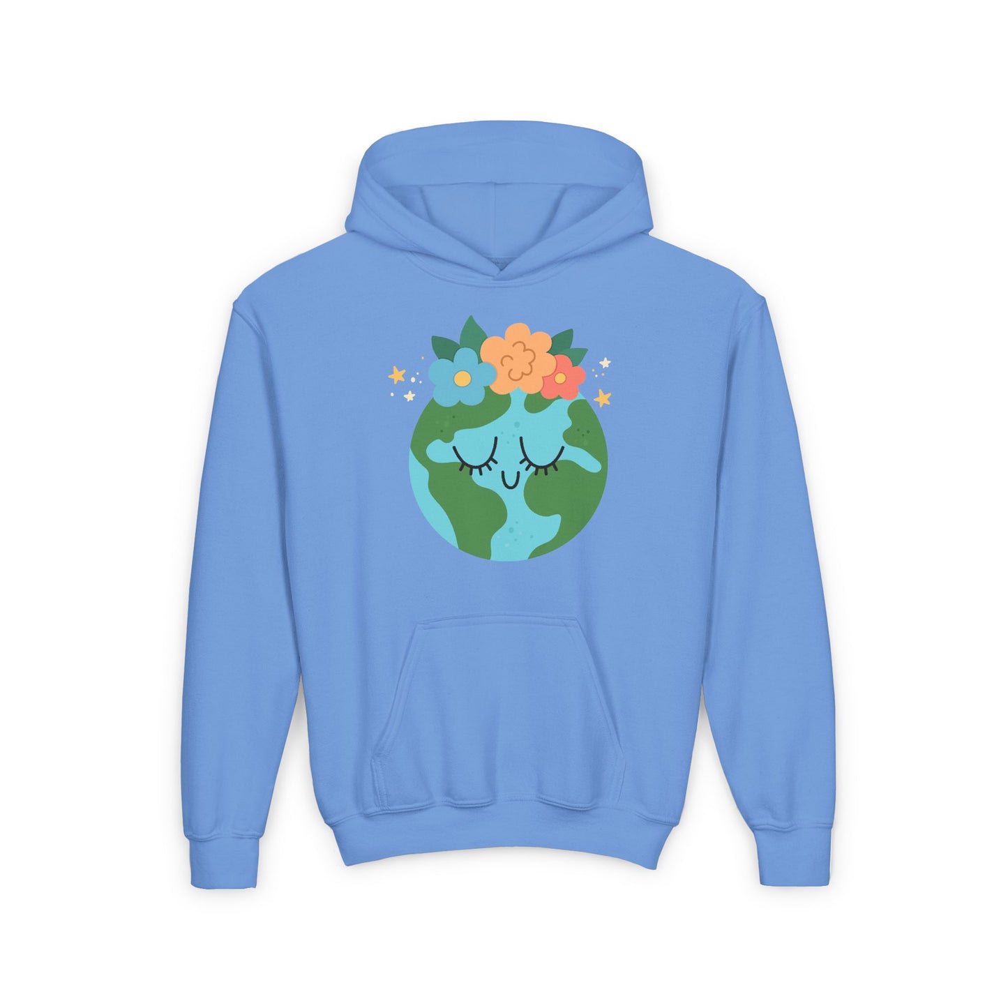 Light blue youth earth flower hoodie with a cute smiling earth and colorful flowers graphic