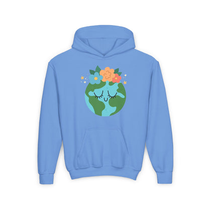 Light blue youth earth flower hoodie with a cute smiling earth and colorful flowers graphic