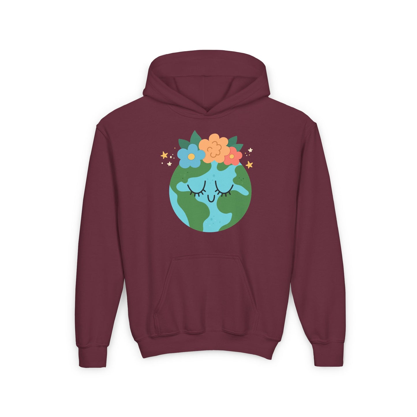 Youth earth flower hoodie in maroon with cute earth graphic wearing flowers on top