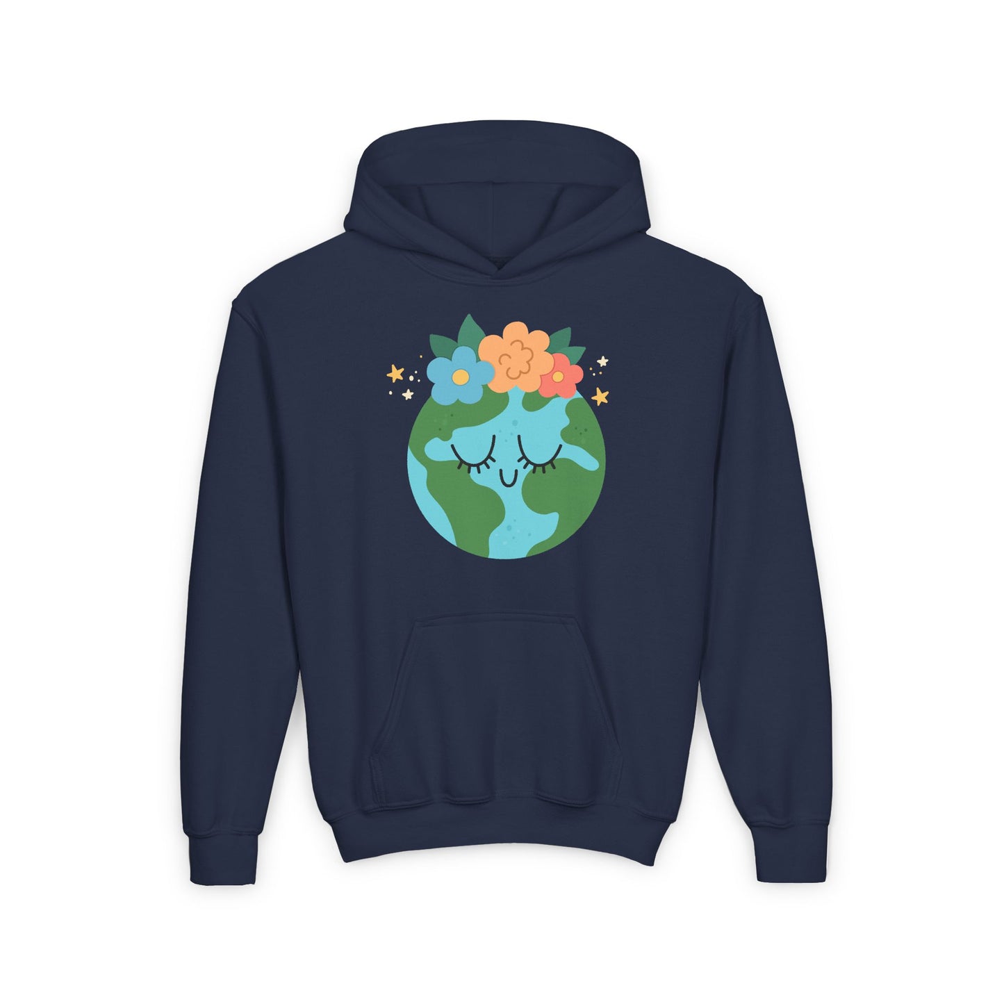Youth earth flower hoodie in navy blue with a cute earth graphic and colorful flowers for kids