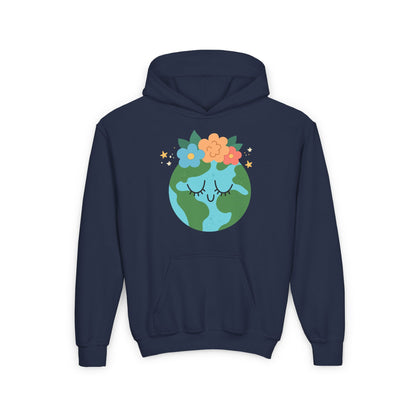 Youth earth flower hoodie in navy blue with a cute earth graphic and colorful flowers for kids