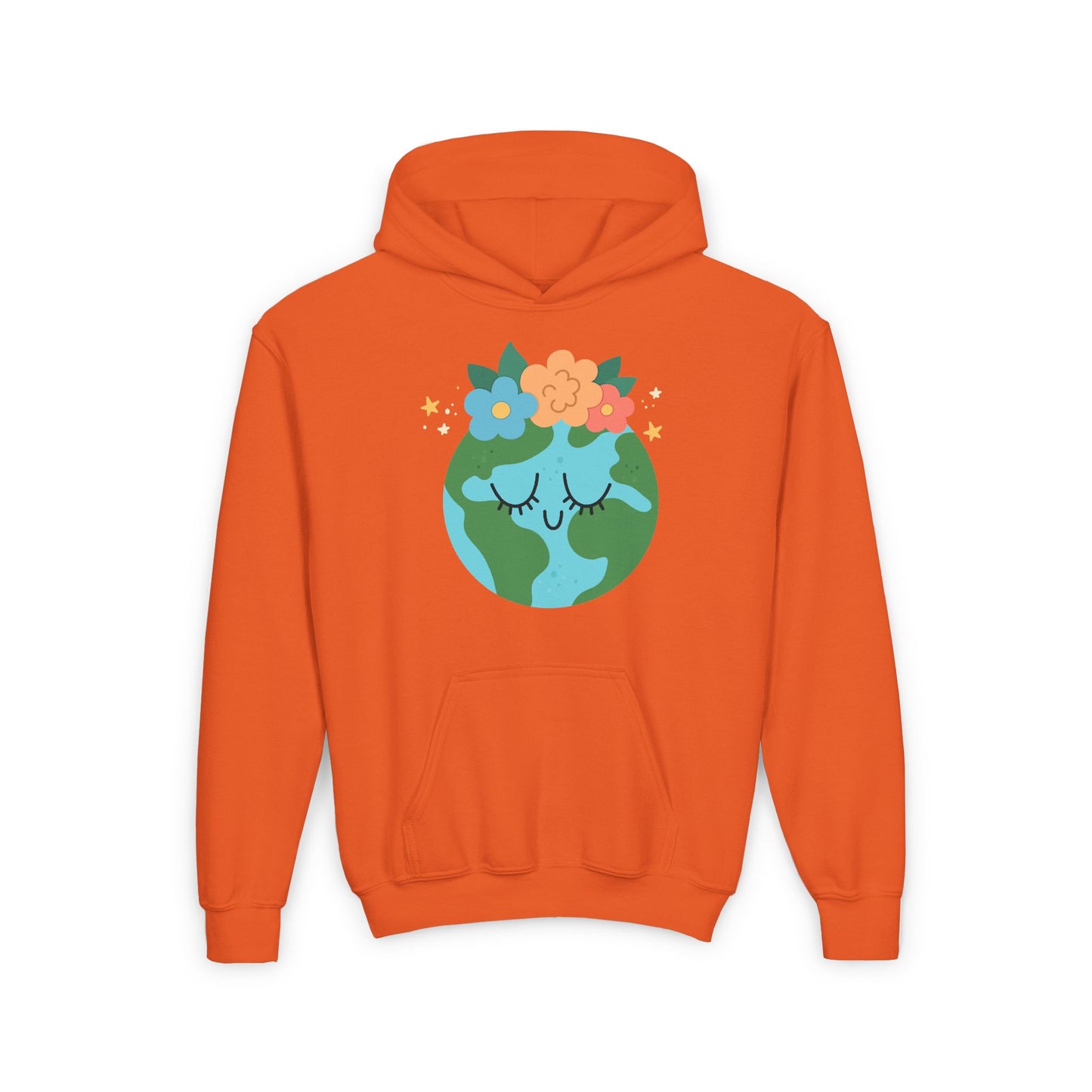 Orange kids hoodie featuring a youth earth flower hoodie design with a smiling Earth and colorful flowers