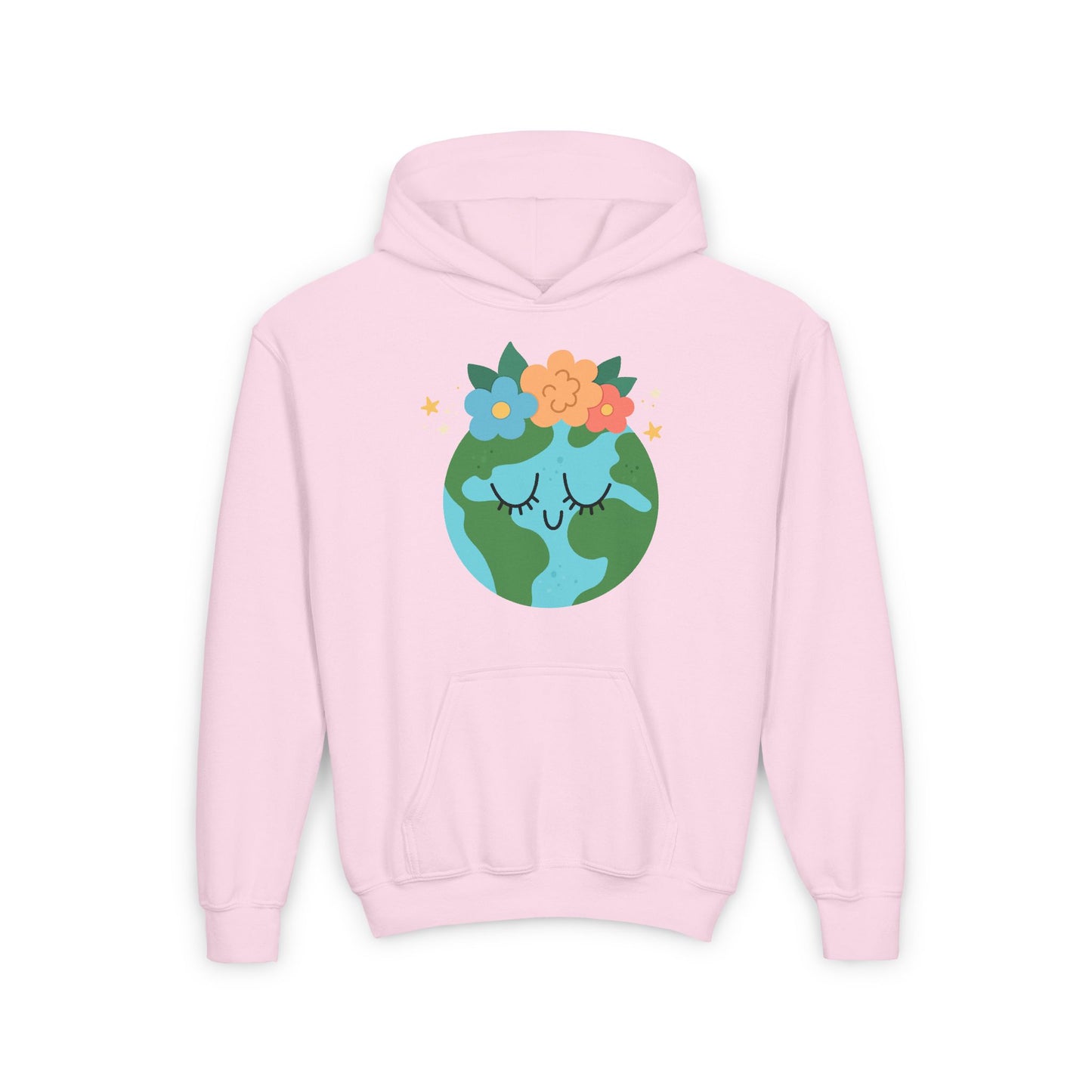 Pink kids hoodie with youth earth flower hoodie design featuring Earth with flowers on top