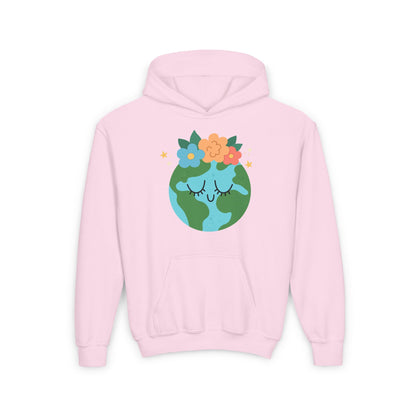 Pink kids hoodie with youth earth flower hoodie design featuring Earth with flowers on top