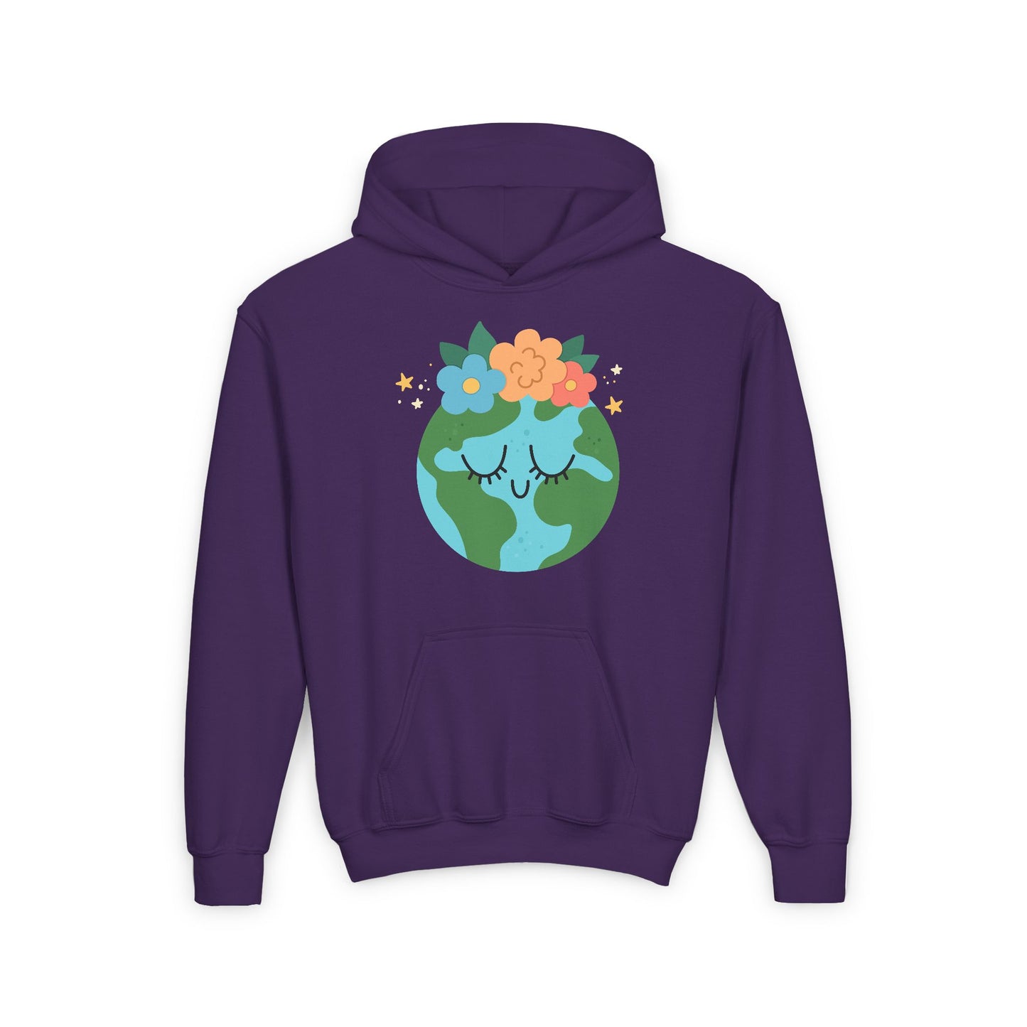 Purple kids hoodie featuring a cute earth with closed eyes and colorful flowers Youth Earth Flower Hoodie