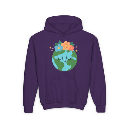 Purple kids hoodie featuring a cute earth with closed eyes and colorful flowers Youth Earth Flower Hoodie