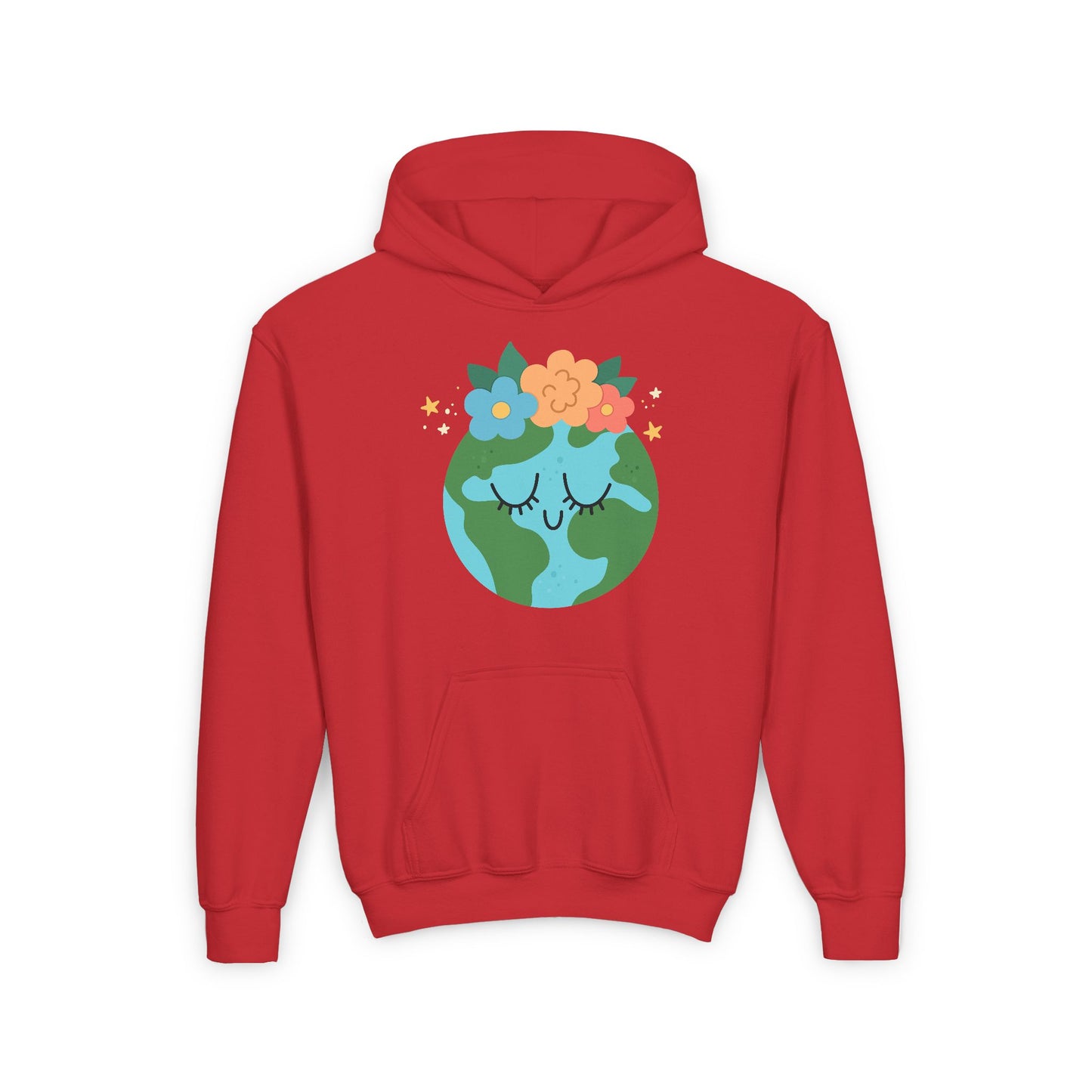 Red youth earth flower hoodie with earth design and colorful flowers on front for kids