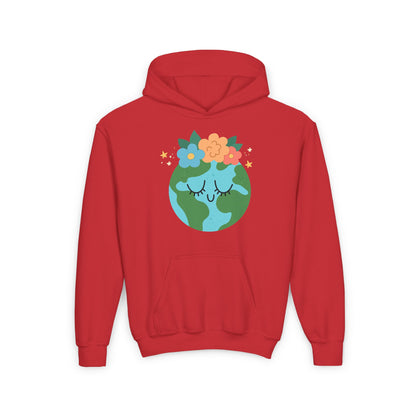 Red youth earth flower hoodie with earth design and colorful flowers on front for kids