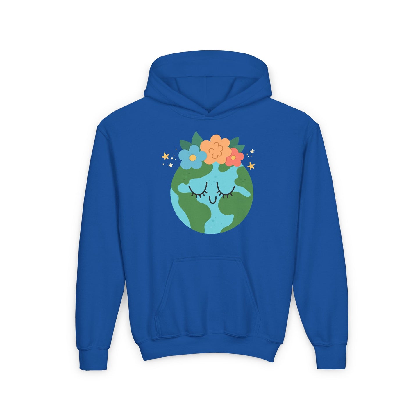 Blue youth earth flower hoodie for kids featuring a cute earth graphic with flowers and stars