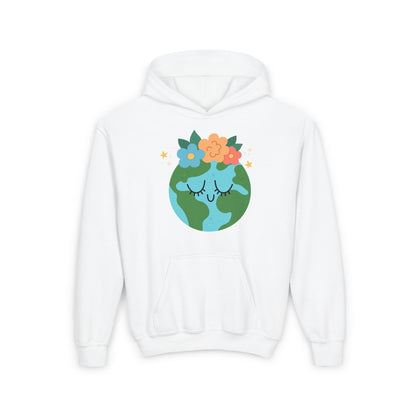 White youth earth flower hoodie with a cute earth design wearing flowers on the front pocket