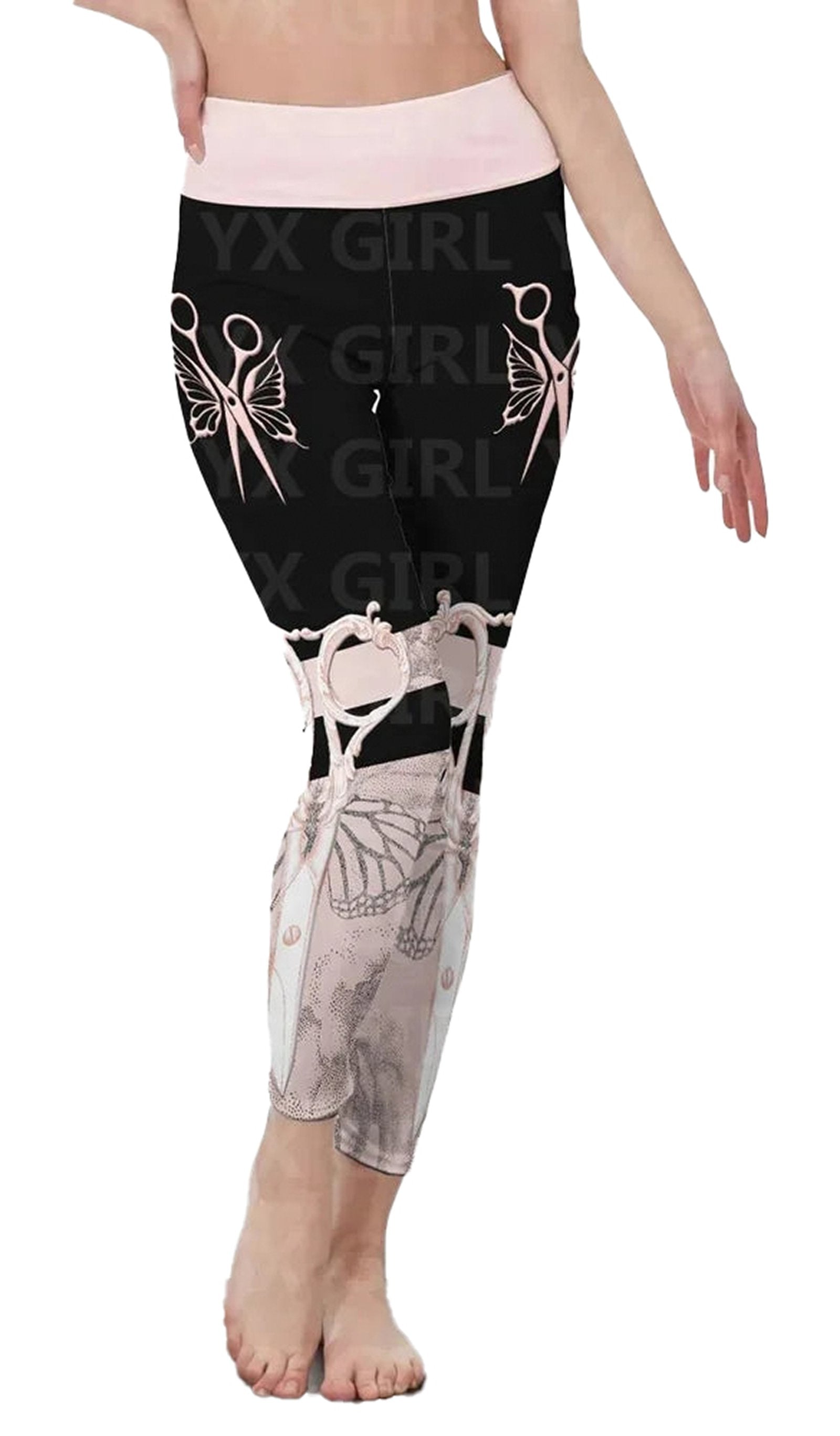 Stylish hair stylist leggings for women featuring scissors and bow designs in black and pink