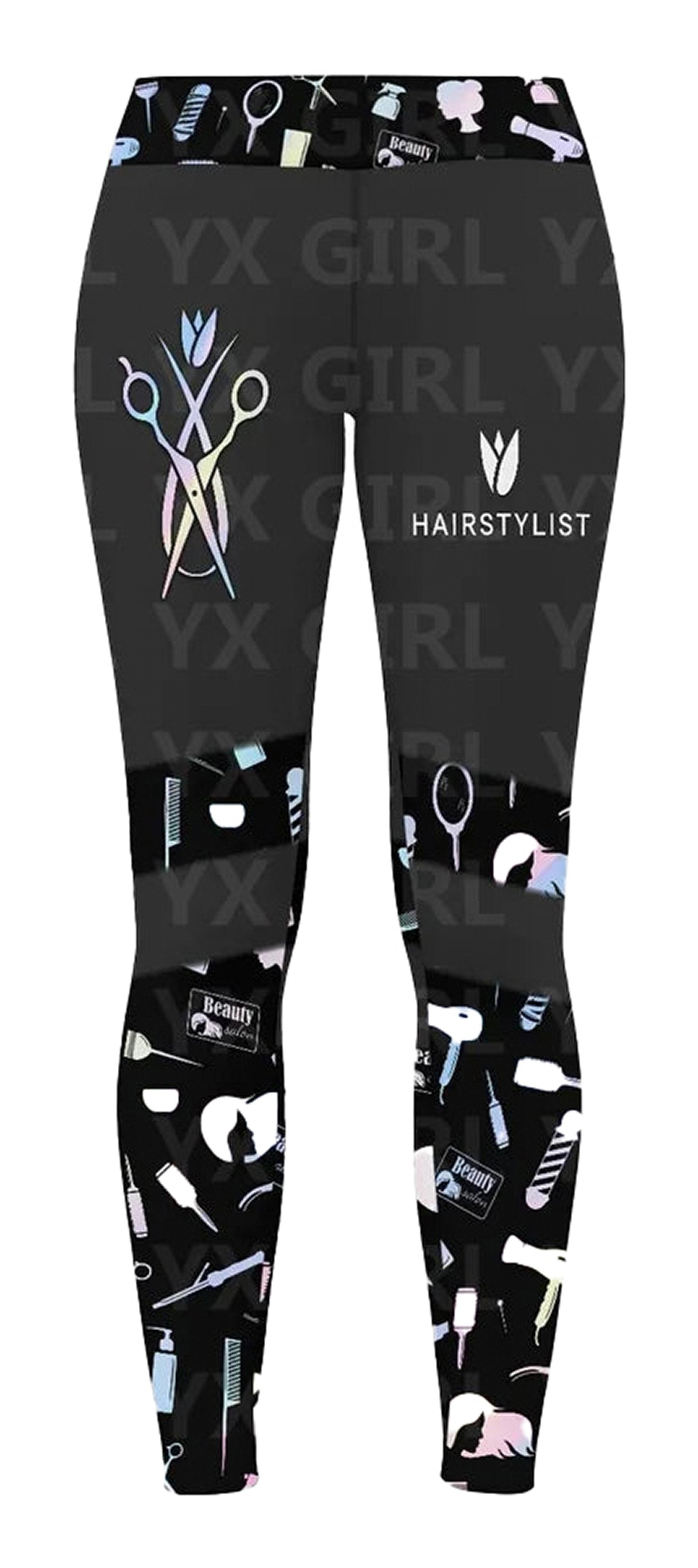 LuckeLadybug hair stylist leggings for women featuring colorful hair tools on a stylish black background