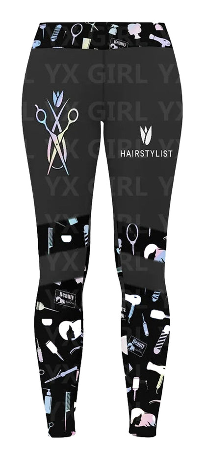 LuckeLadybug hair stylist leggings for women featuring colorful hair tools on a stylish black background