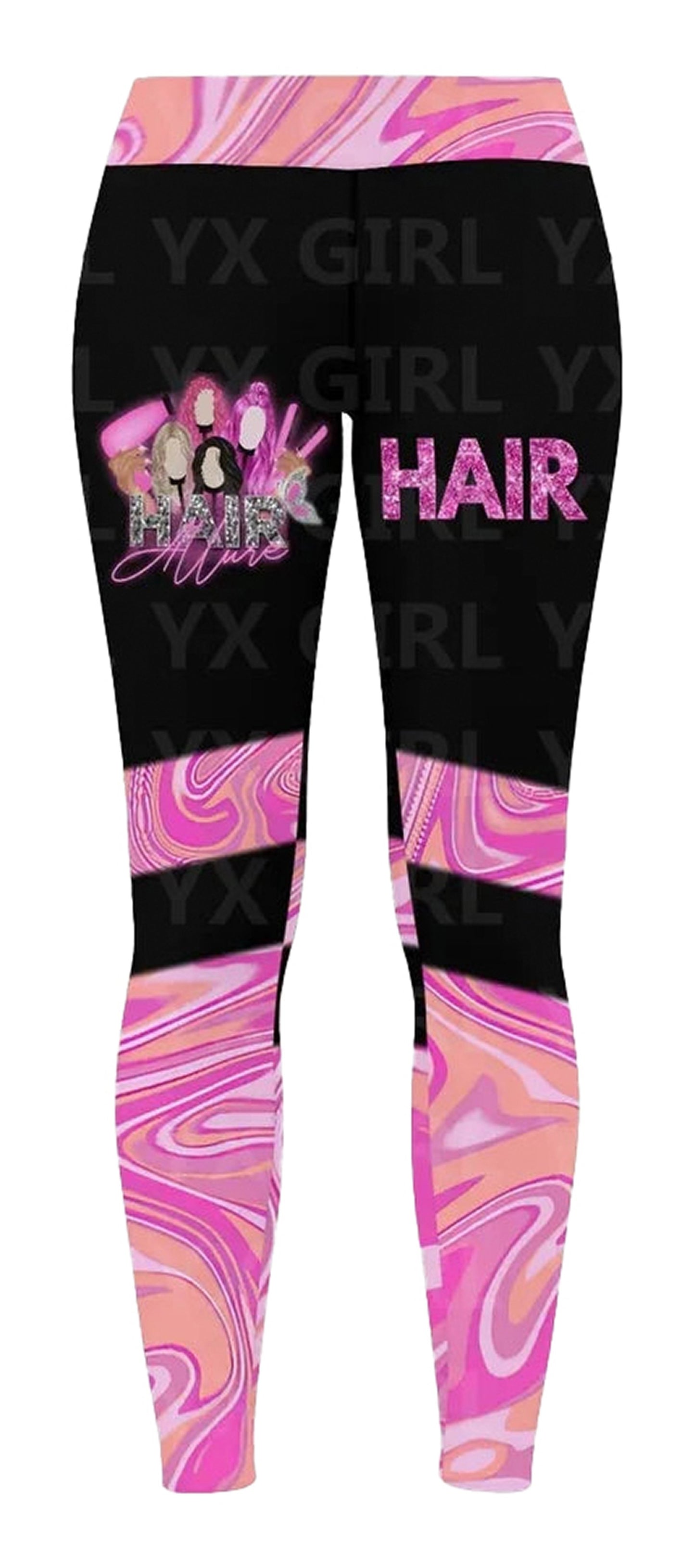 Pink and black hair stylist leggings for women featuring colorful design and salon-themed graphics