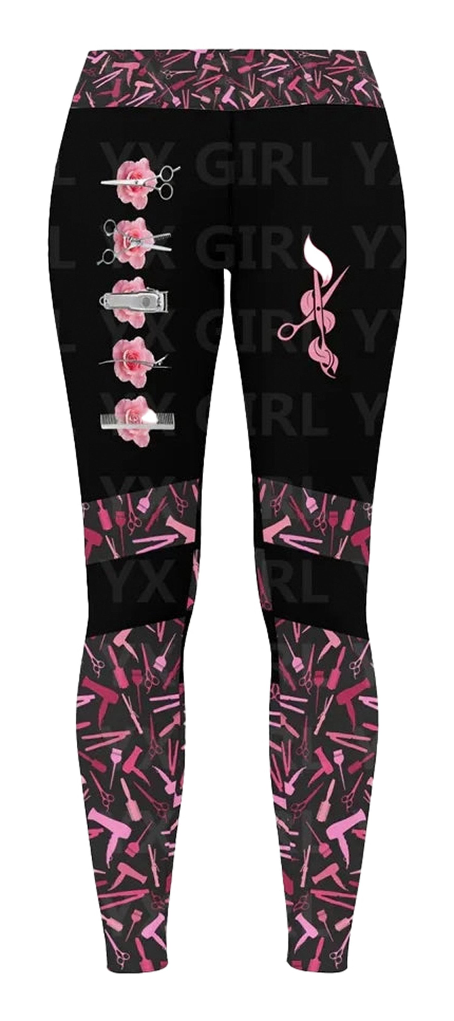 Stylish hair stylist leggings for women featuring scissors, flowers, and musical notes design