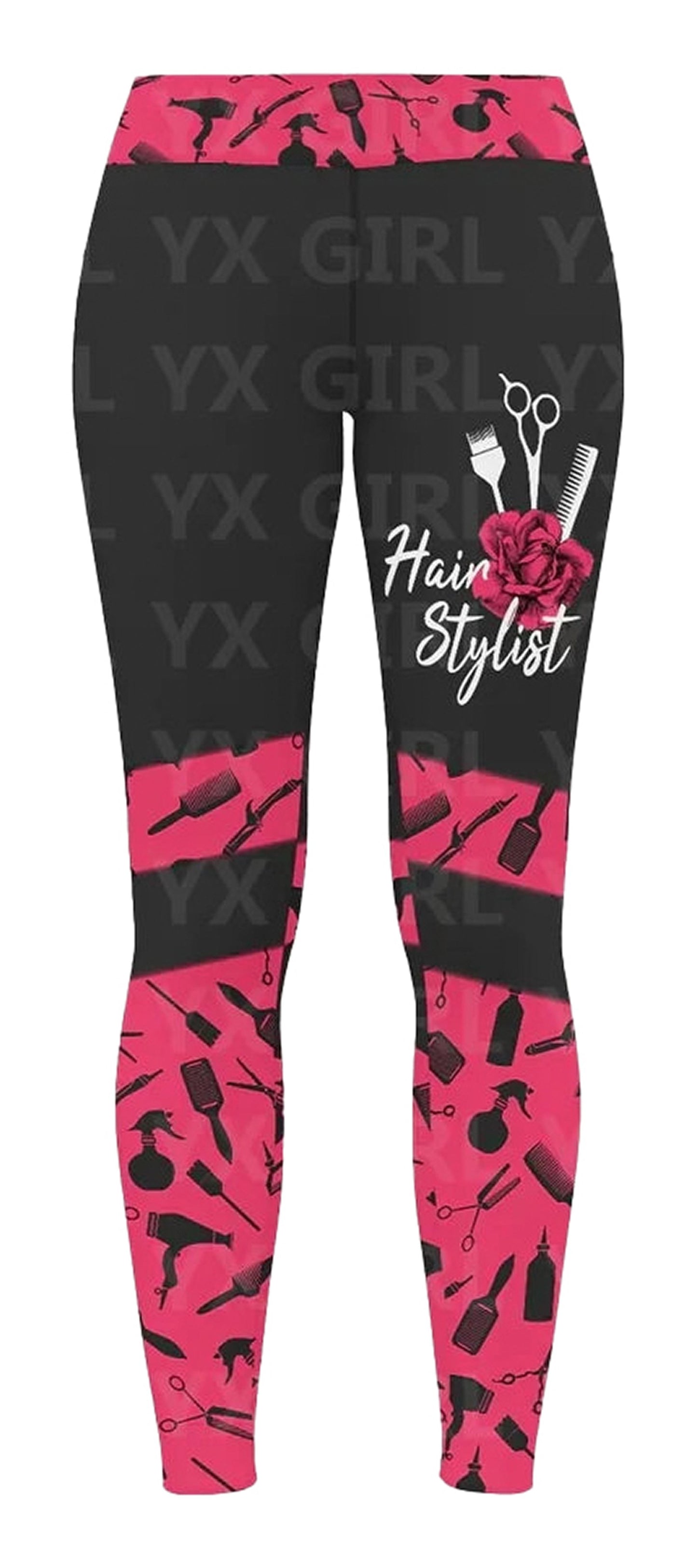 Stylish hair stylist leggings for women featuring scissors and beauty tools on a pink and black design